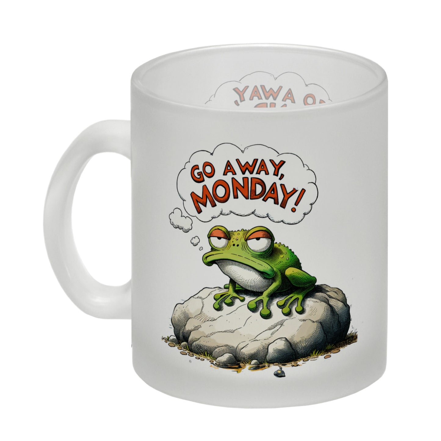 Mürrischer Frosch auf Stein Glas Tasse mit Spruch Go away, Monday!