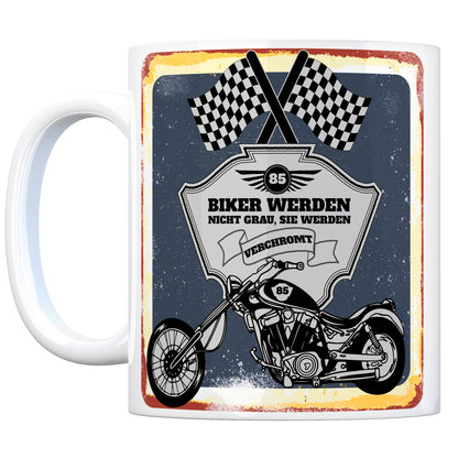 Motorradfahrer und Biker Kaffeebecher bzw. Tasse zum 85. Geburtstag als Geschenk