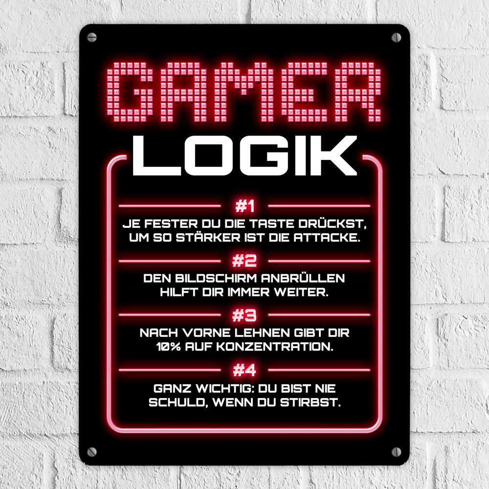 Gamer Logik Metallschild XL in 21x28 cm in rot