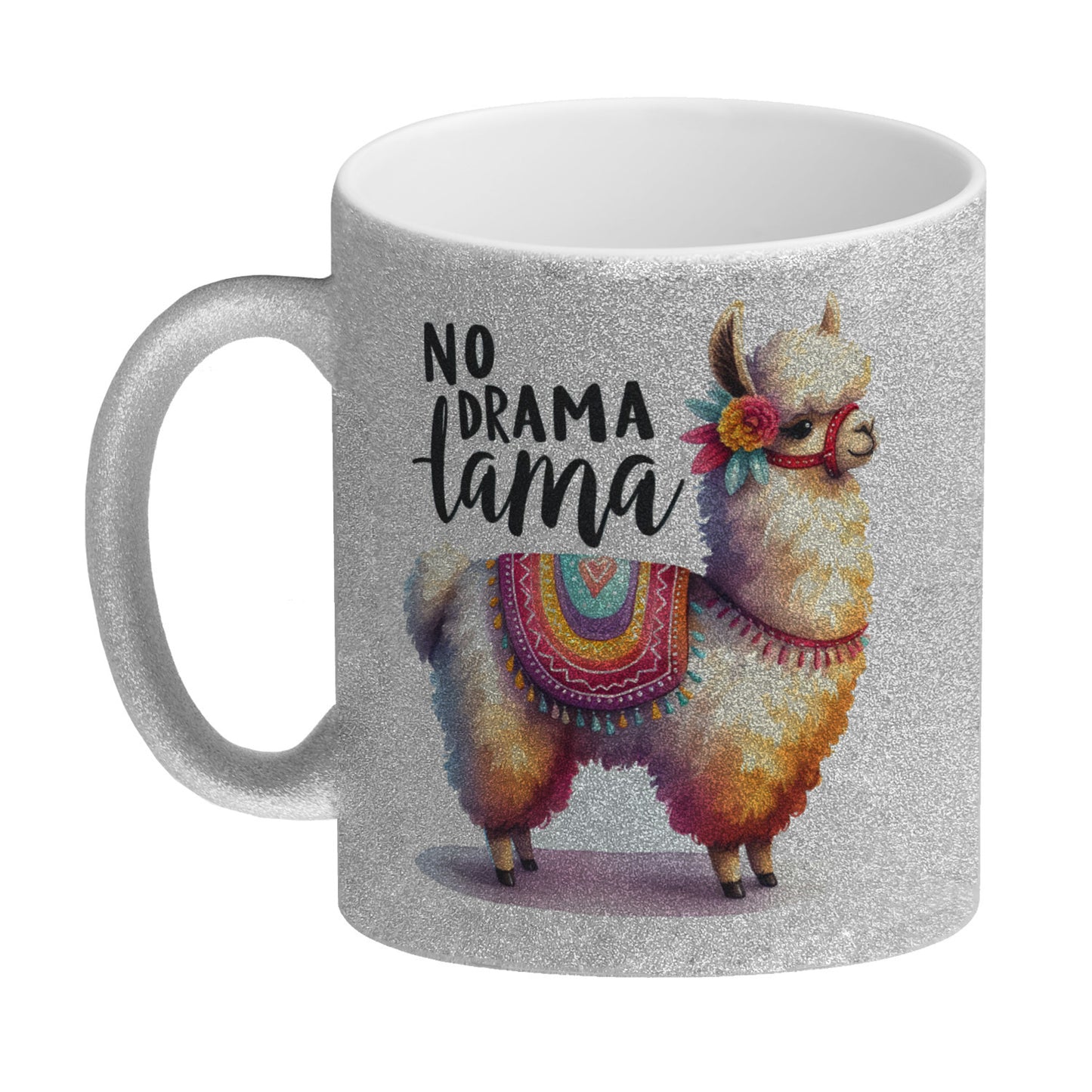 Alpaka mit bunter Satteldecke Glitzer-Kaffeebecher mit Spruch No Drama Lama