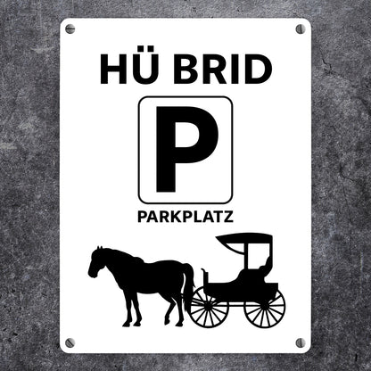 Pferd mit Kutsche Metallschild in 15x20 cm mit Spruch Hü brid