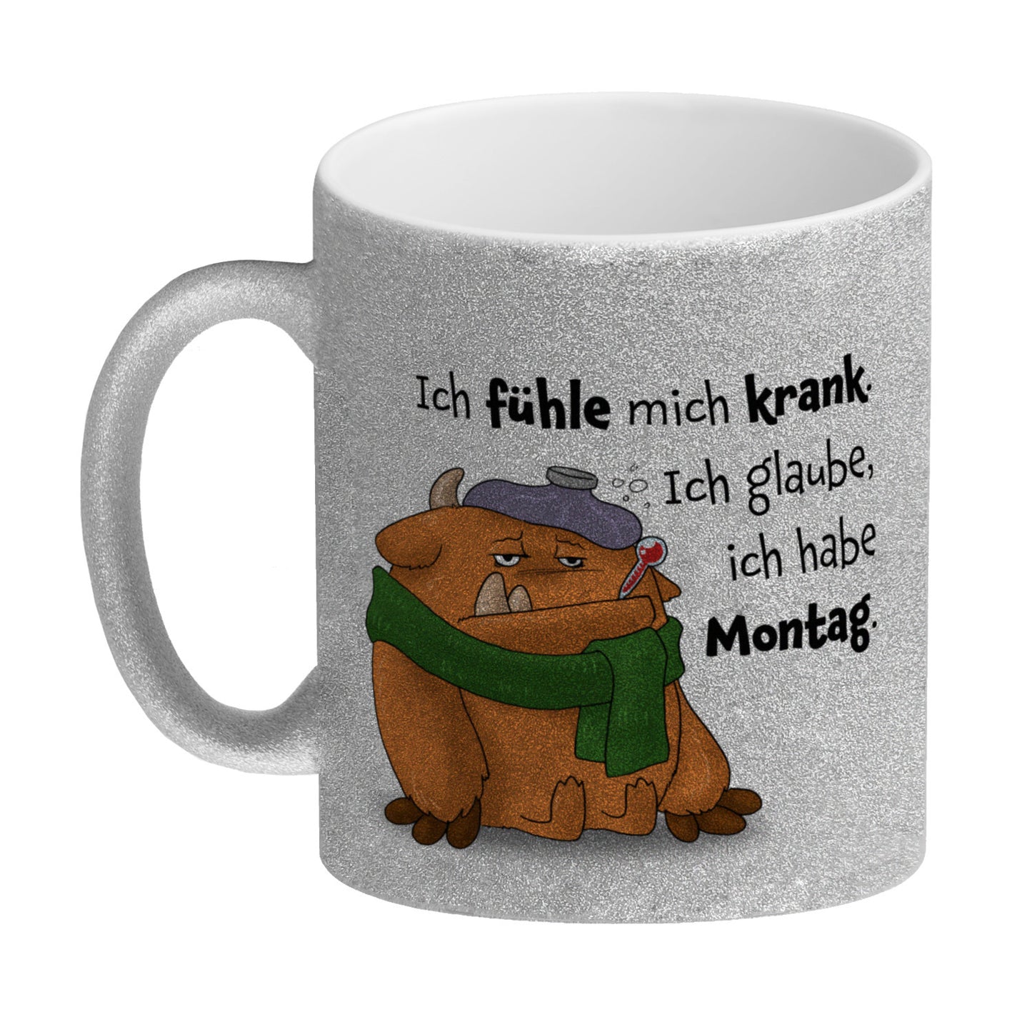 Freches Monster in orange Glitzer-Kaffeebecher mit lustigem Spruch