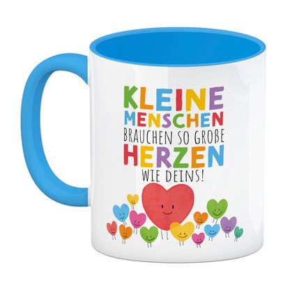 Herzen Kaffeebecher in hellblau mit Spruch Große Herzen für kleine Menschen