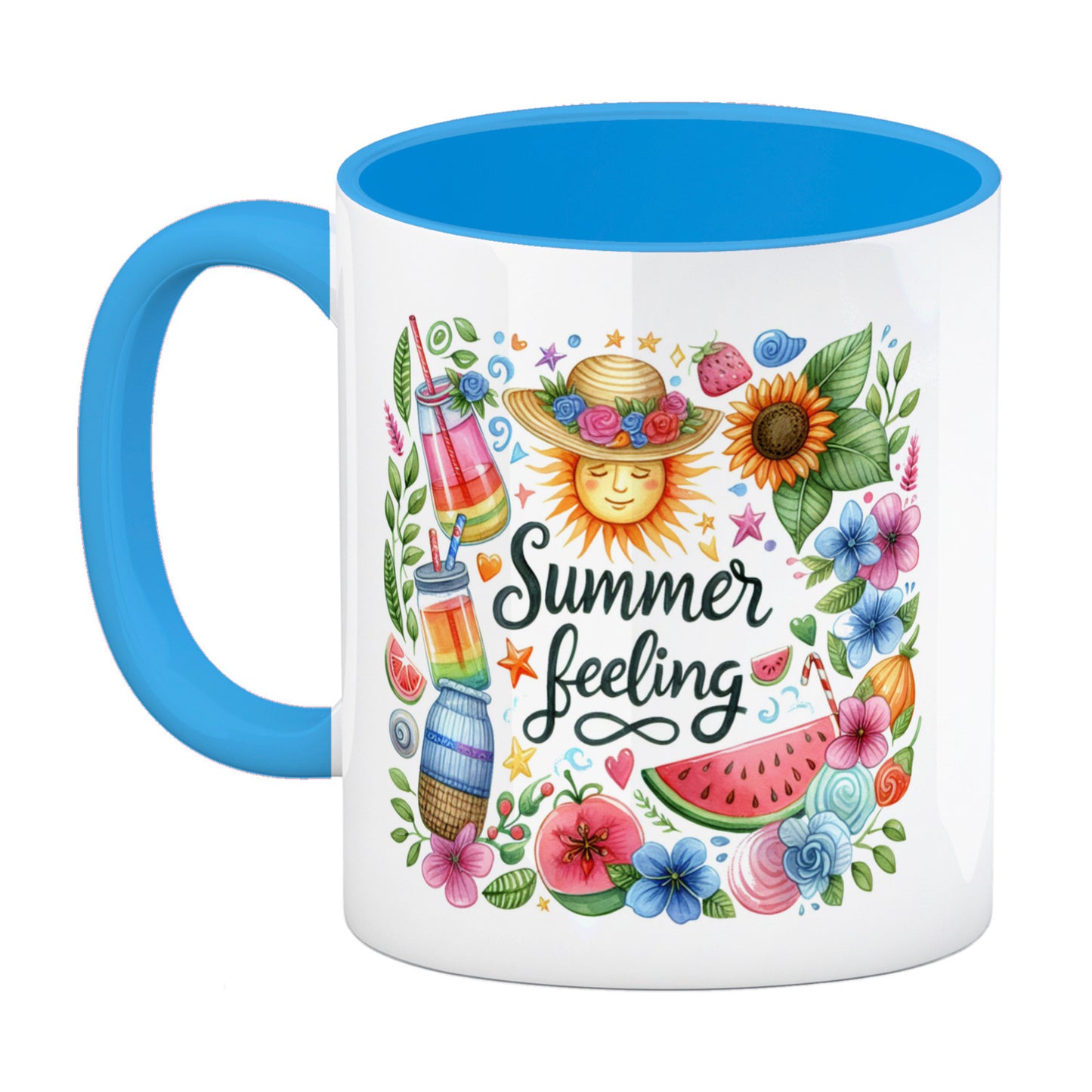 Sonne und Sommer Kaffeebecher in hellblau mit Spruch Summer feeling