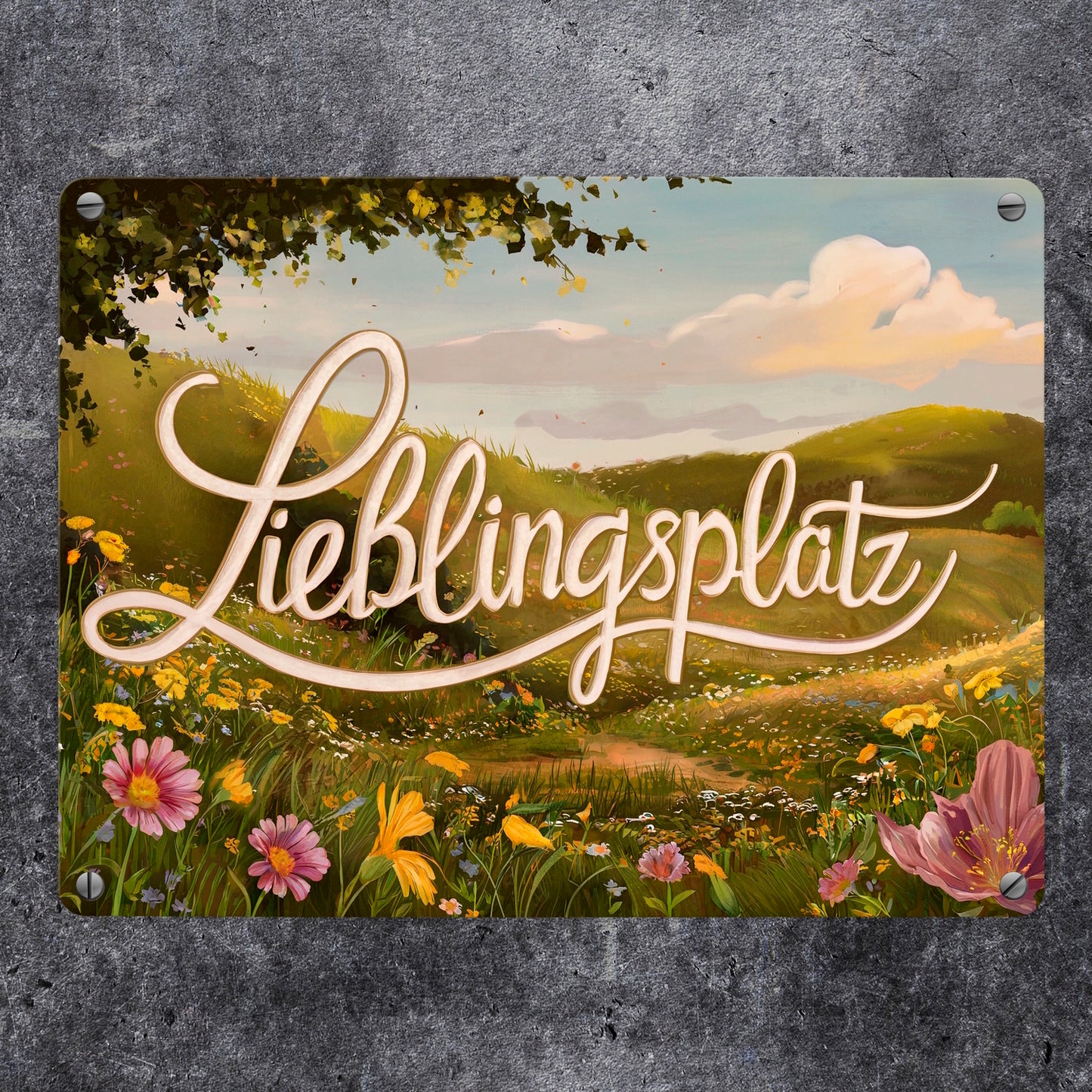 Lieblingsplatz Metallschild in 15x20 cm mit Blumenwiese