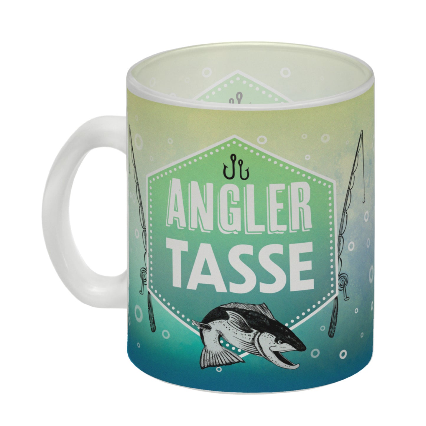 Angler Becher Glas Tasse mit Fisch und Angel Motiv