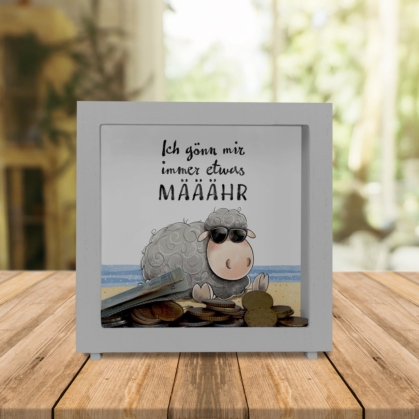 Schaf Rahmen Spardose aus Holz mit Spruch Ich gönn mir immer etwas MÄÄÄHR