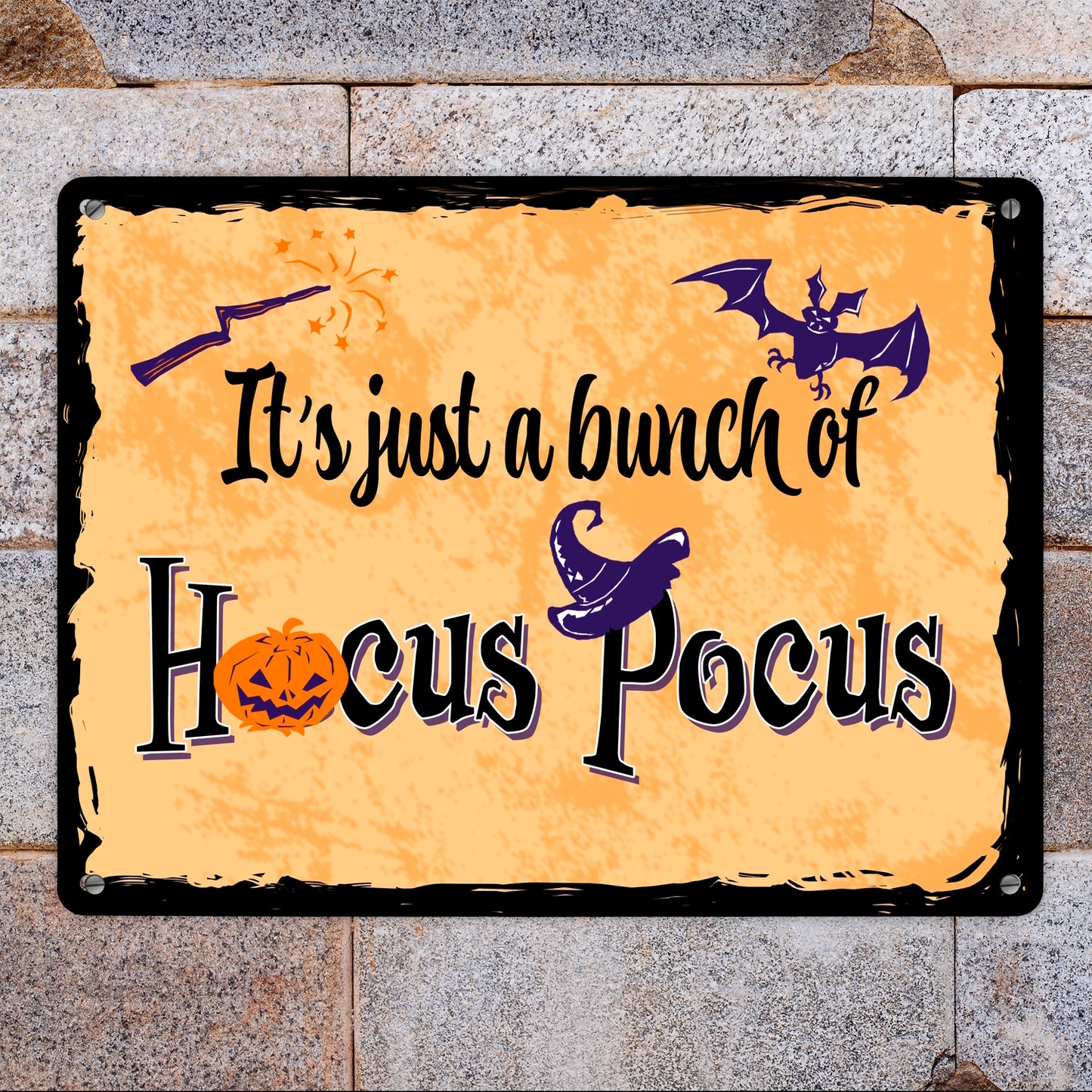 Metallschild XL in 21x28 cm mit Halloween Motiv und Spruch - It's just a bunch of Hocus Pocus -