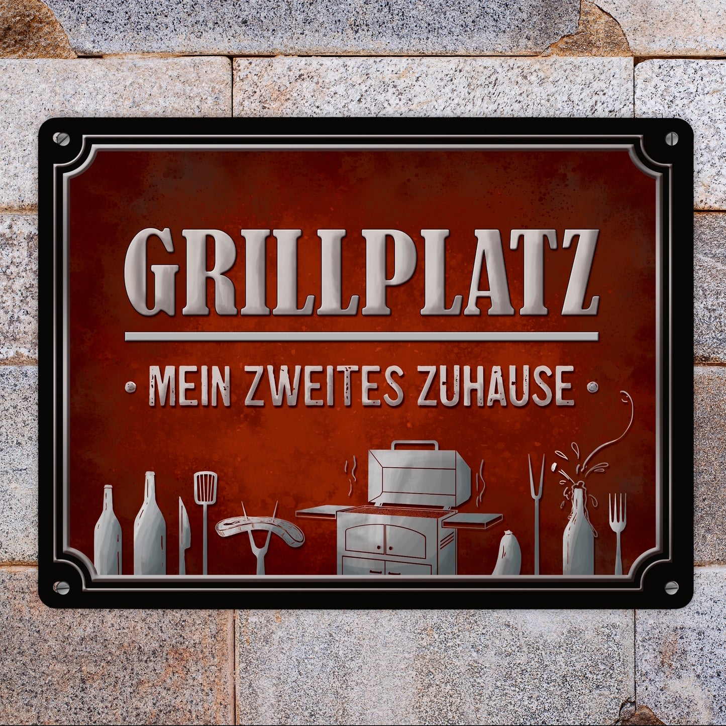 Metallschild XL mit Grill Motiv und Spruch: Grillplatz - mein zweites Zuhause