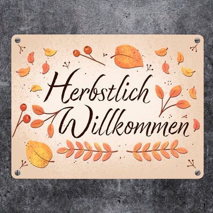 Herbstlich Willkommen Metallschild in 15x20 cm mit bunten Blättern