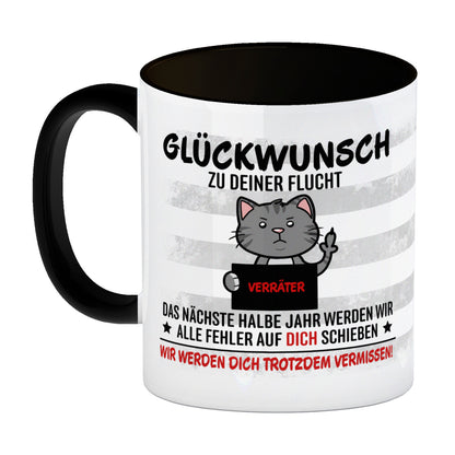 Glückwunsch zur Flucht, Verräter Mittelfinger Kaffeebecher in schwarz mit Katze