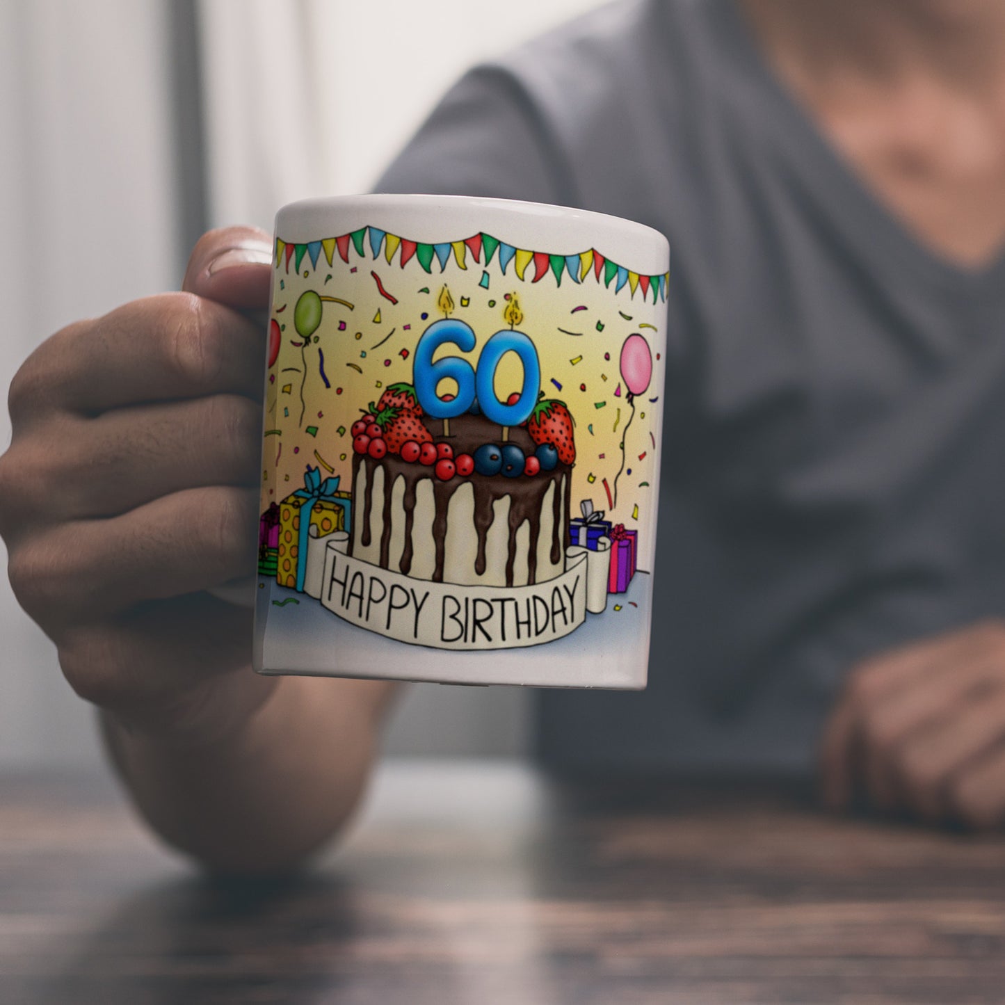 60. Geburtstag Tasse mit Kuchen und Geschenk und Anhänger: zum 21915. Tag