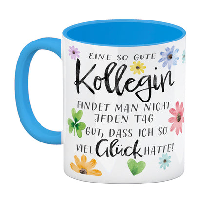 Blumen Kaffeebecher in hellblau mit Spruch Glück gehabt mit toller Kollegin