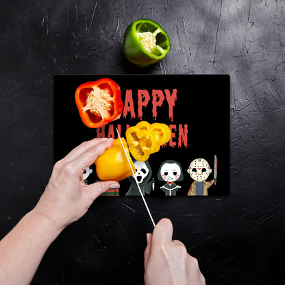 Happy Halloween Schneidebrett aus Glas mit Serienkiller Motiv