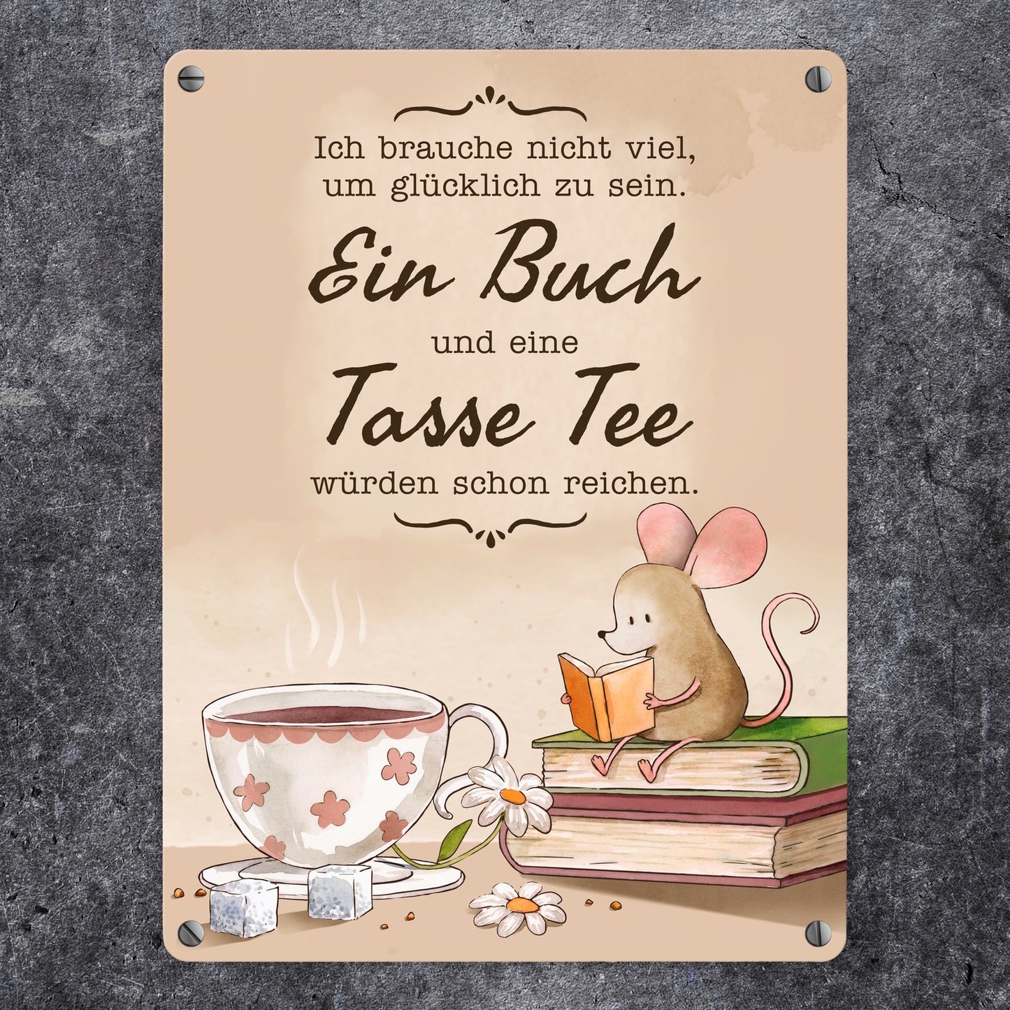 Maus mit Buch Metallschild in 15x20 cm mit Spruch Buch und Tee machen mich glücklich