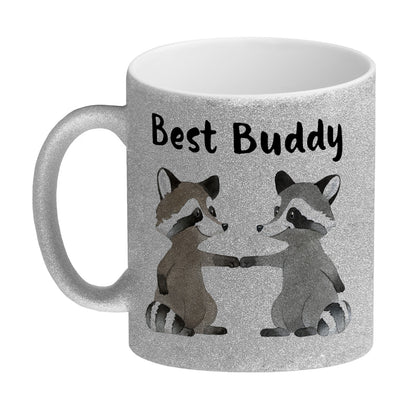 Waschbär Bruder und Kumpel Glitzer-Kaffeebecher mit Spruch Best Buddy