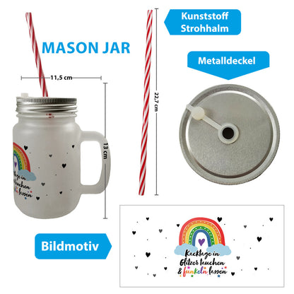 Regenbogen Mason Jar Henkel Trinkglas mit Deckel mit Spruch Kacktage in Glitzer tauchen