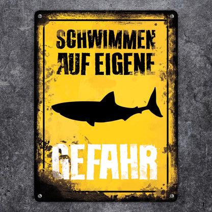 Schwimmen auf eigene Gefahr Metallschild XL in 21x28 cm für den Pool mit Hai