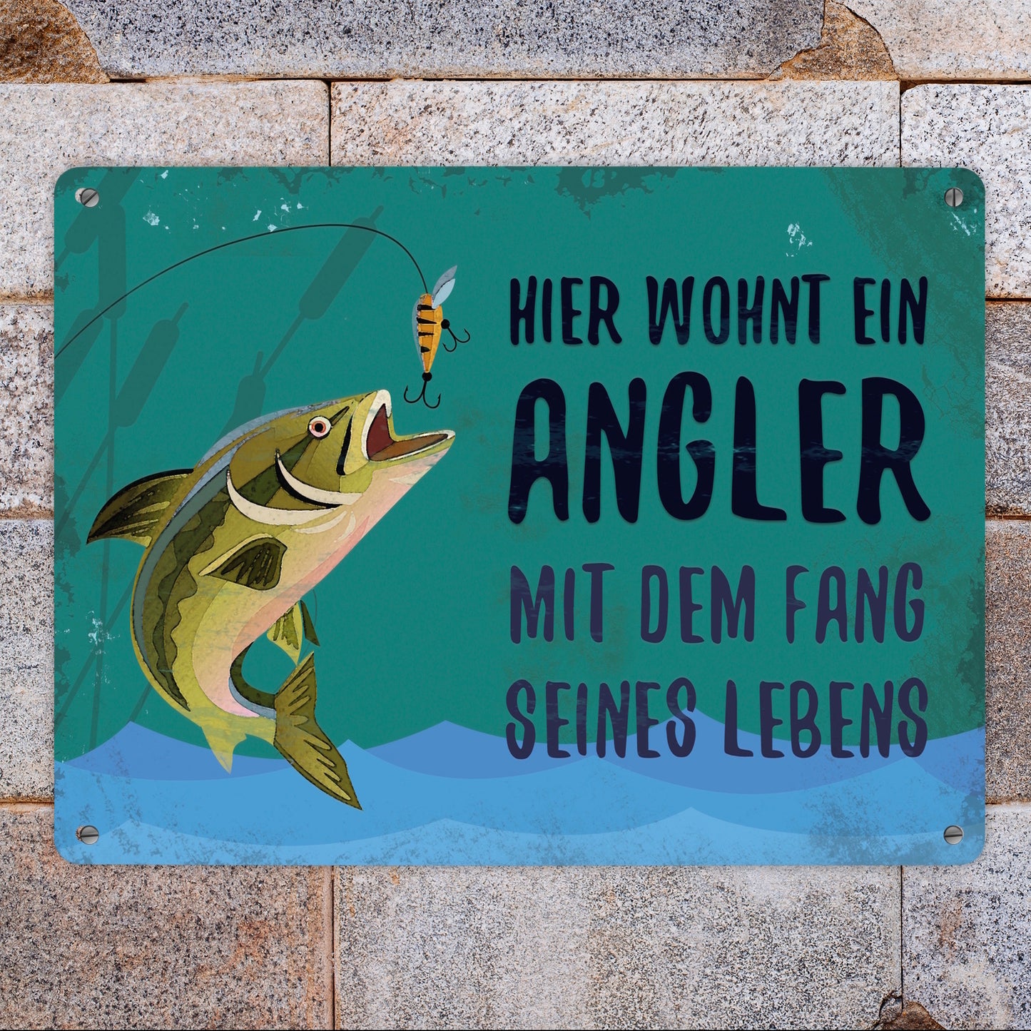 Metallschild XL mit Spruch: Hier wohnt ein Angler