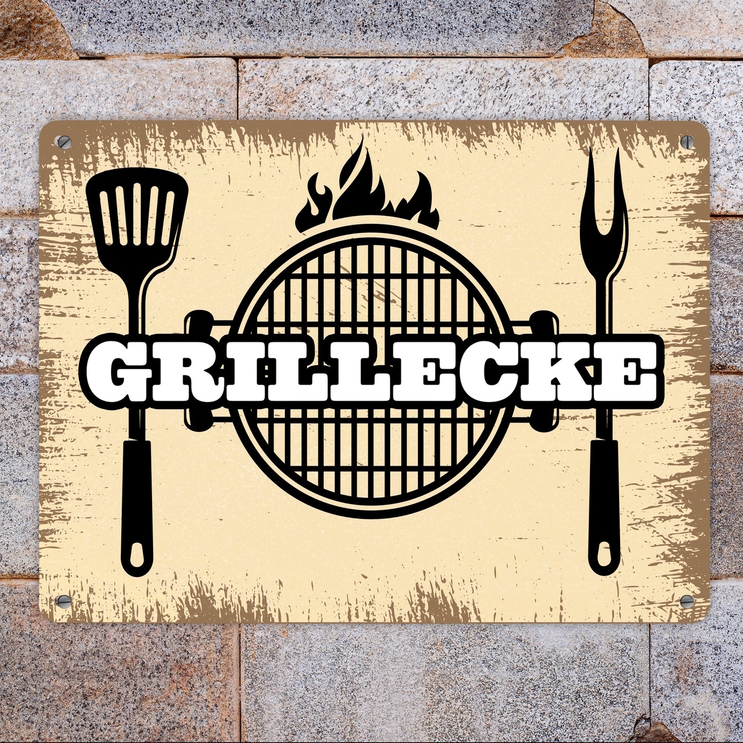 Grillecke Metallschild XL mit coolem Grillmotiv auf beigem Hintergrund