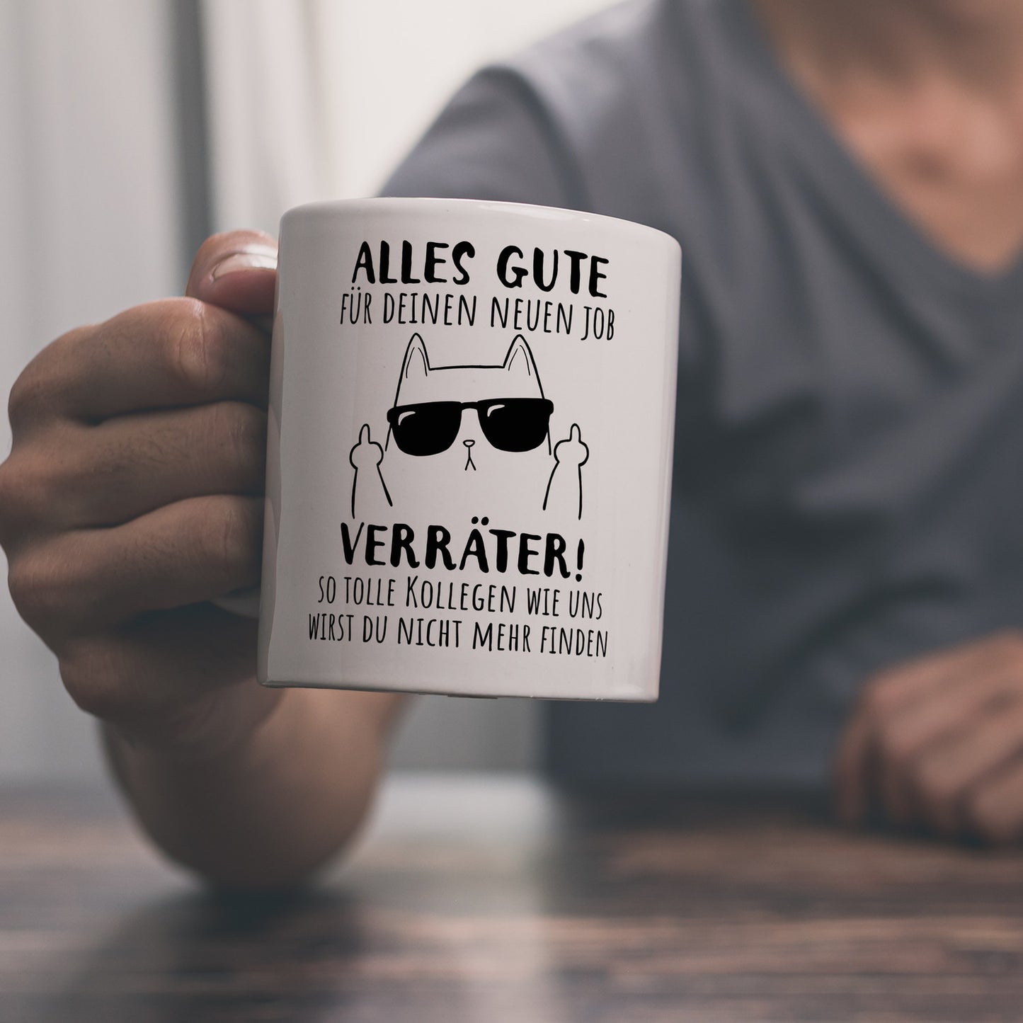 Katze mit Mittelfinger Kaffeebecher mit Spruch Viel Erfolg du Verräter