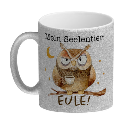 Eule Glitzer-Kaffeebecher mit Spruch Mein Seelentier Eule