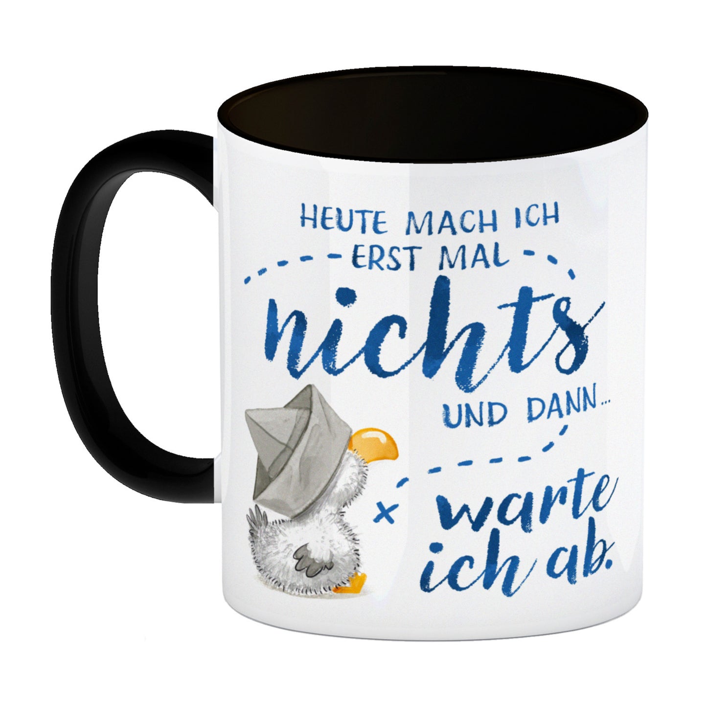 Möwe Kaffeebecher in schwarz mit Spruch Heute mach ich erst mal nichts