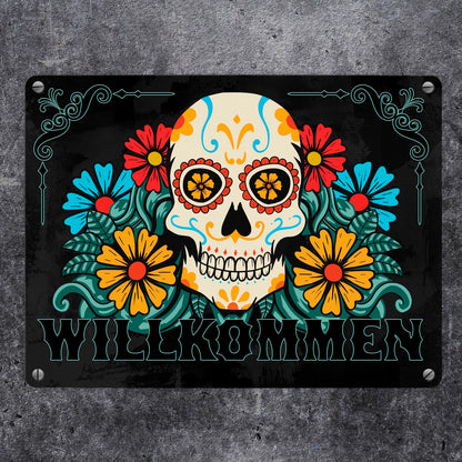 Willkommen Metallschild in 15x20 cm mit Totenkopf und Blumenmotiv