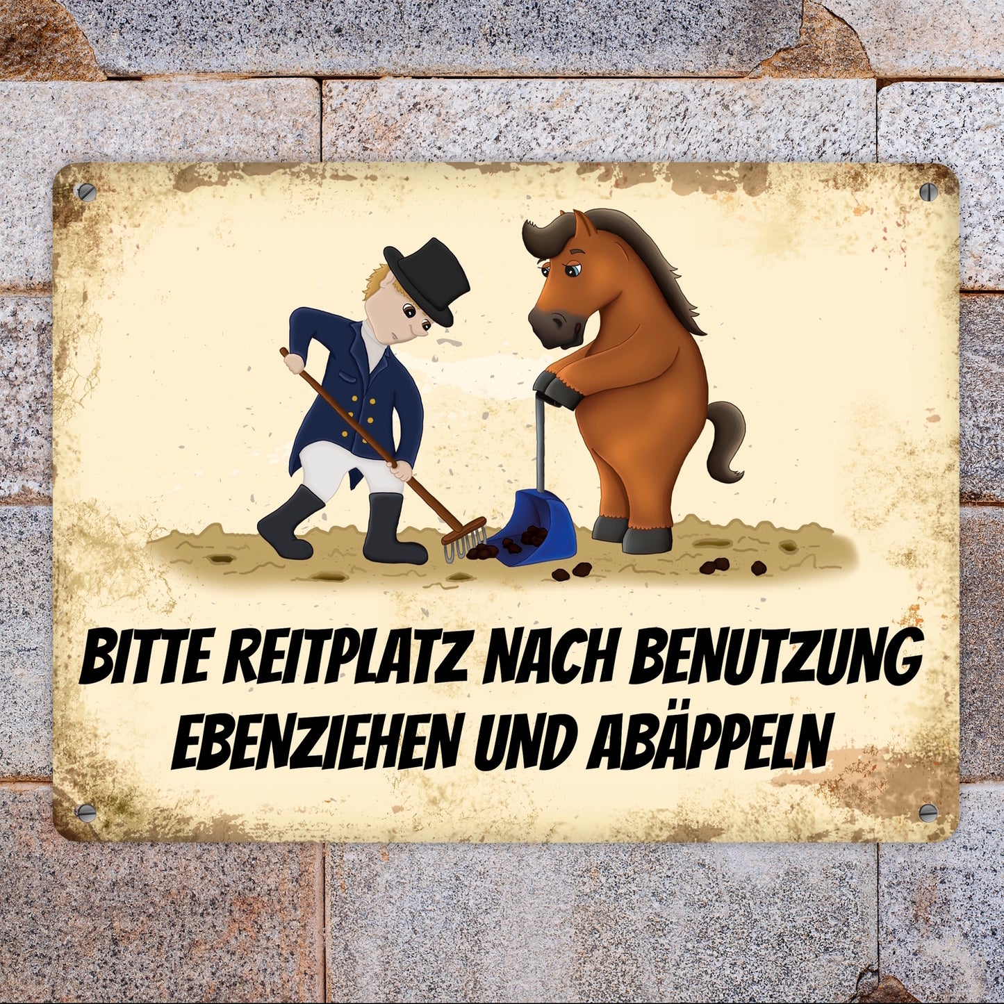 Metallschild XL mit Pferd und Reiter Motiv und Spruch: Bitte Reitplatz nach Benutzung ...