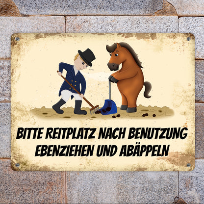 Metallschild XL mit Pferd und Reiter Motiv und Spruch: Bitte Reitplatz nach Benutzung ...