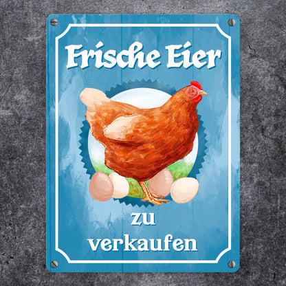 Frische Eier zu verkaufen Metallschild in 15x20 cm mit Huhn Motiv