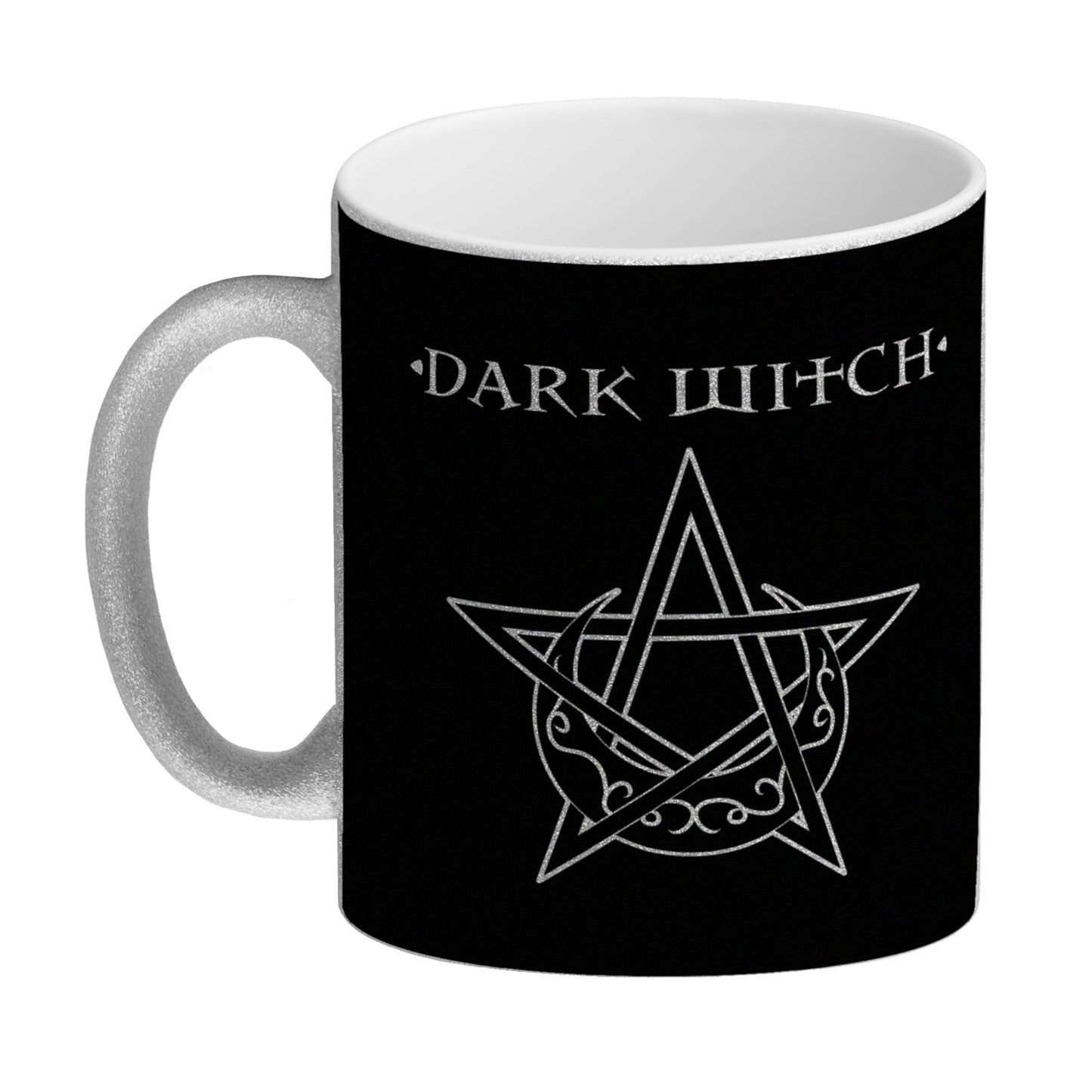 Glitzer-Kaffeebecher mit magischen Pentagrammen und Spruch - White Witch - Dark Witch