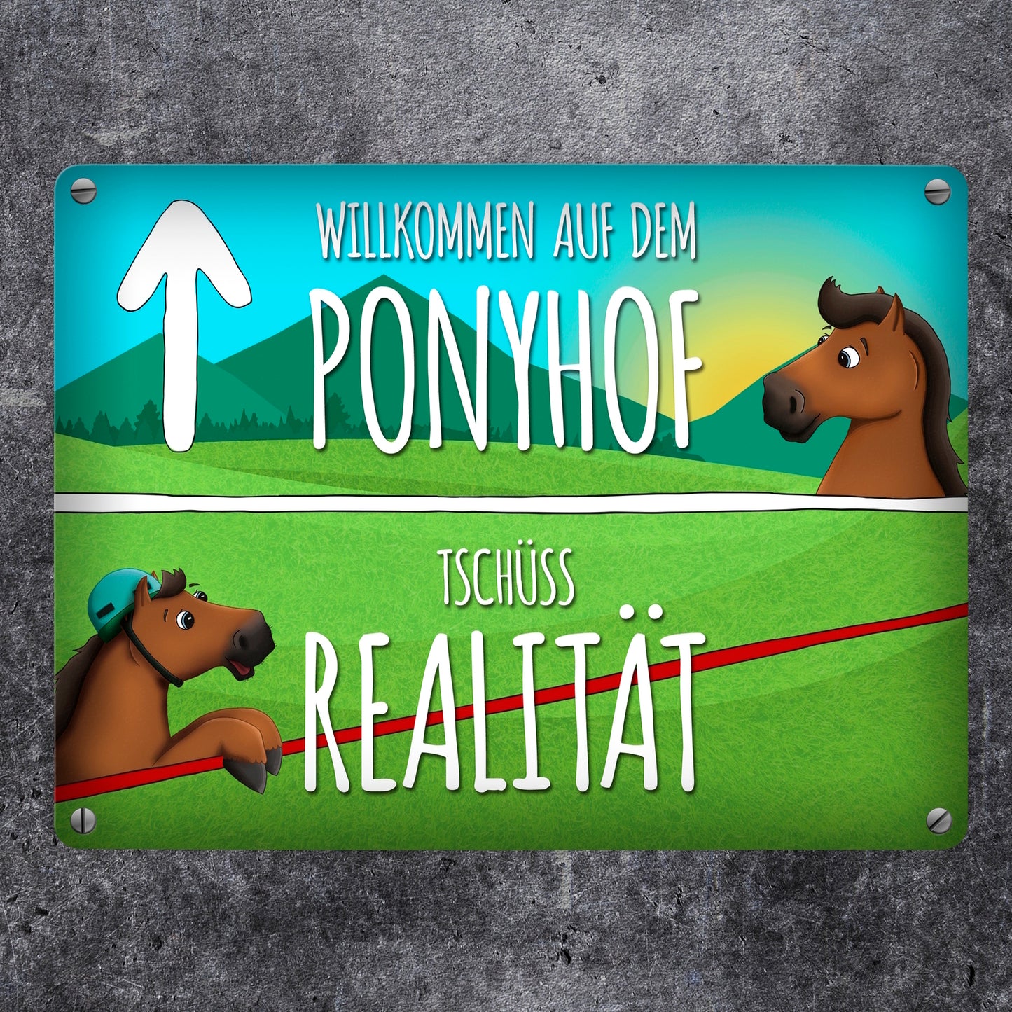 Metallschild mit Pferde Motiv und Spruch: Willkommen auf dem Ponyhof