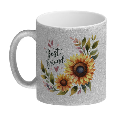 Beste Freundin Sonnenblume Glitzer-Kaffeebecher mit Spruch Best friend