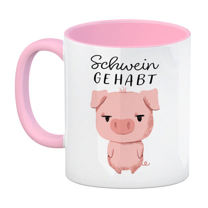 Ferkel Kaffeebecher in rosa mit Spruch Schwein gehabt