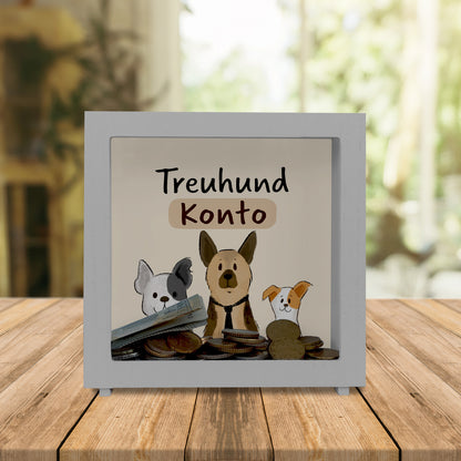 Hunde Rahmen Spardose aus Holz mit Spruch Treuhundkonto