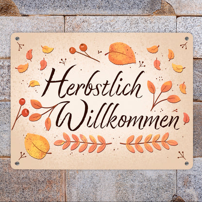 Herbstlich Willkommen Metallschild XL in 21x28 cm mit bunten Blättern