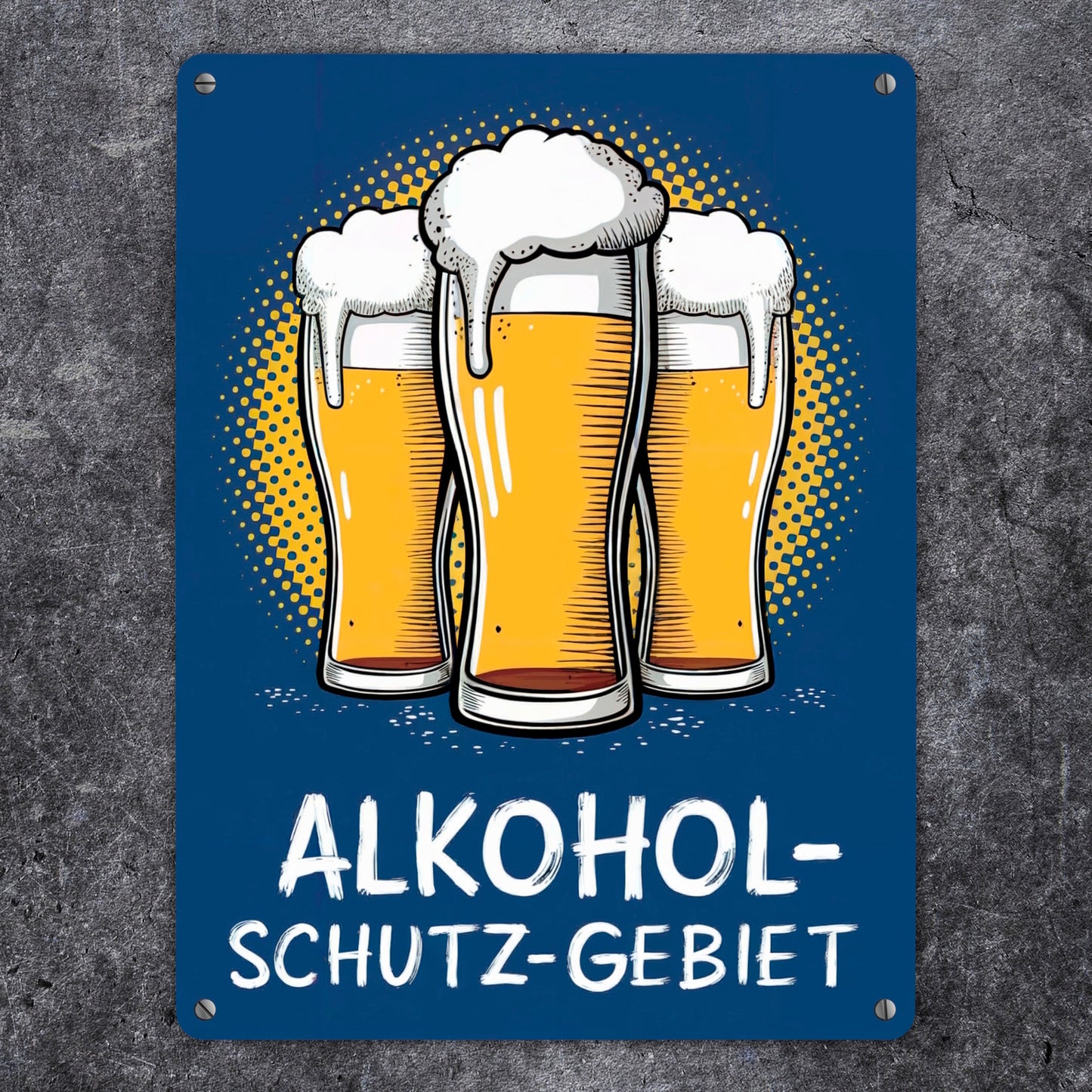 Alkohol-Schutzgebiet mit drei Biergläsern Metallschild XL in 21x28 cm