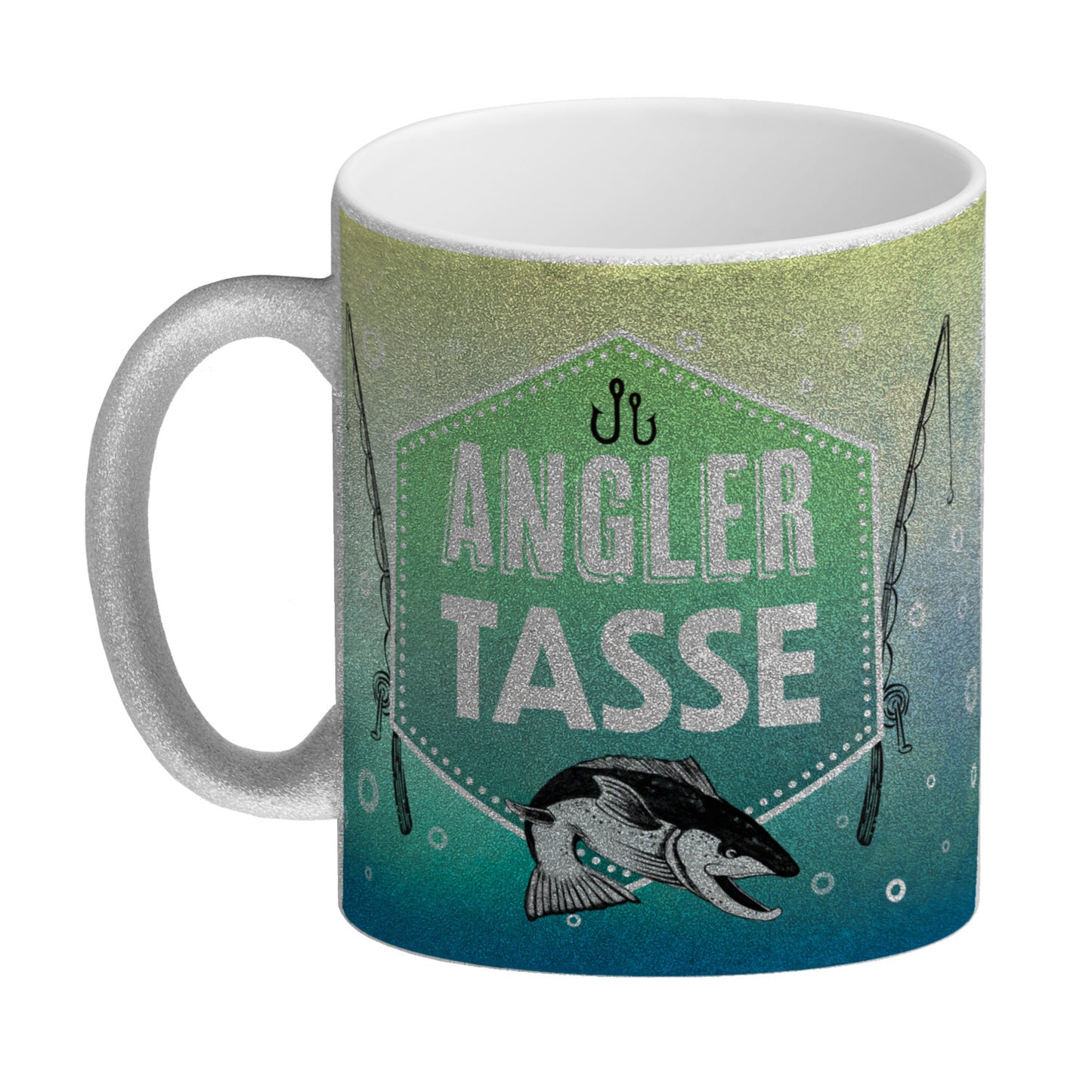 Angler Becher Glitzer-Glitzer-Kaffeebecher mit Fisch und Angel Motiv