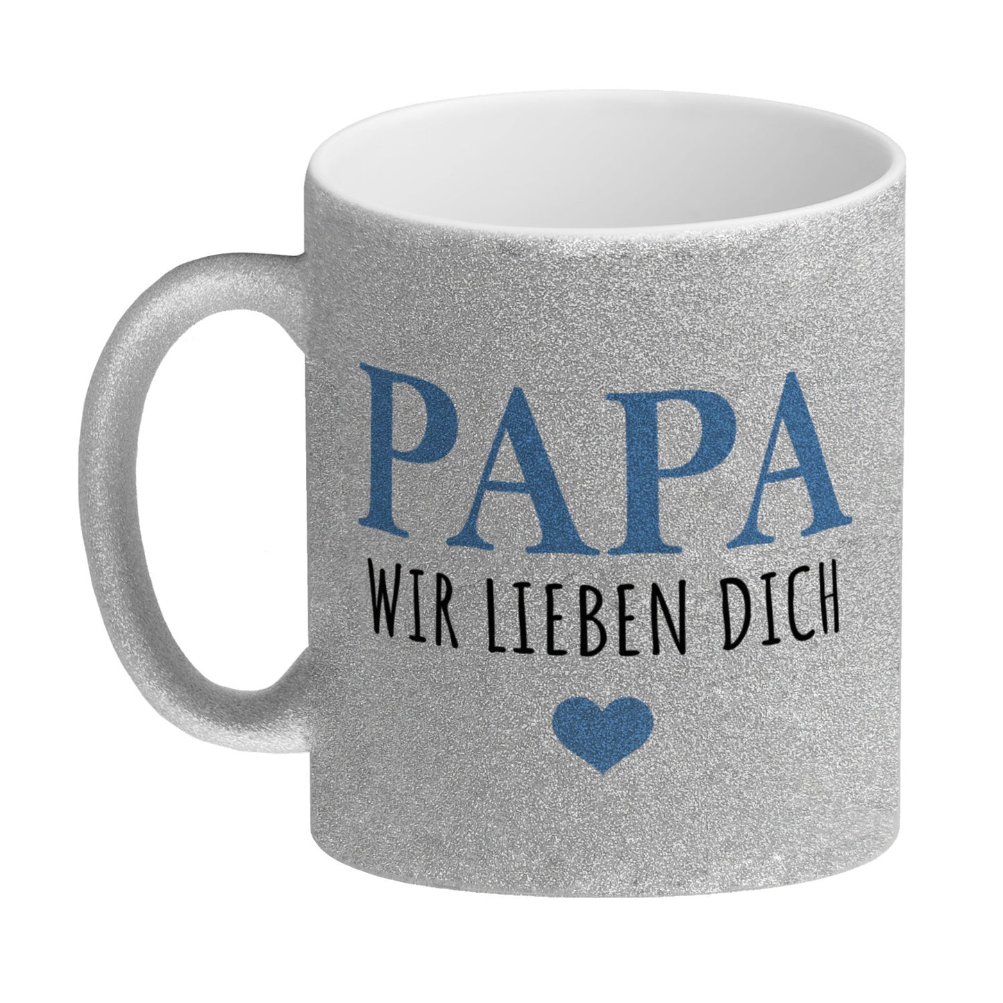 Papa wir lieben dich Glitzer-Kaffeebecher in blau mit Herz