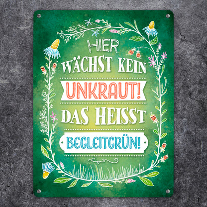 Metallschild XL mit Blumen Motiv und Spruch: Hier wächste kein Unkraut