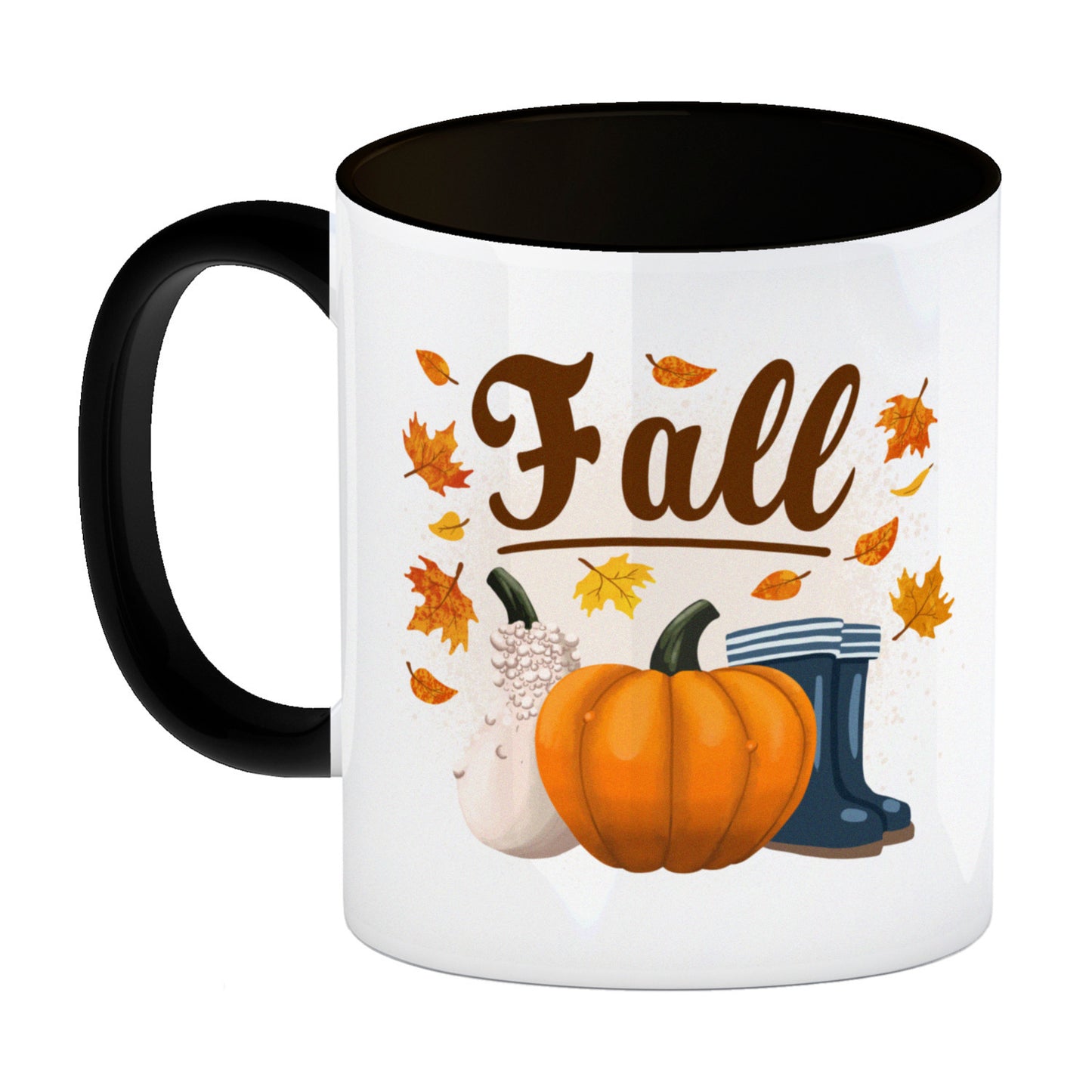 Fall Jahreszeit Herbst Kaffeebecher Schwarz mit Kürbis und Laub