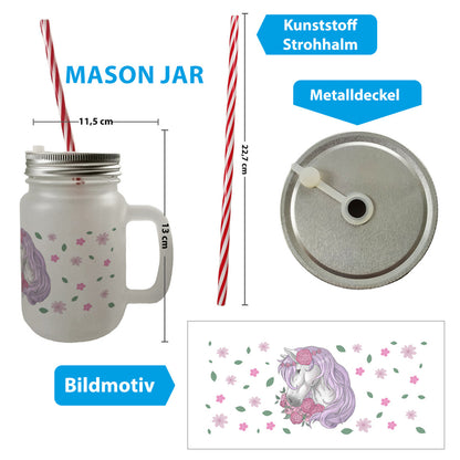 Pferd mit Blumen Mason Jar Henkel Trinkglas mit Deckel