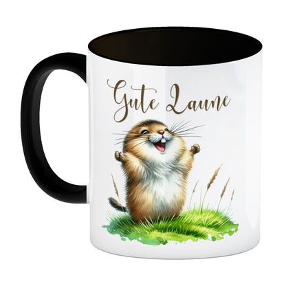 jubelnder Lemming Kaffeebecher in schwarz mit Spruch Gute Laune