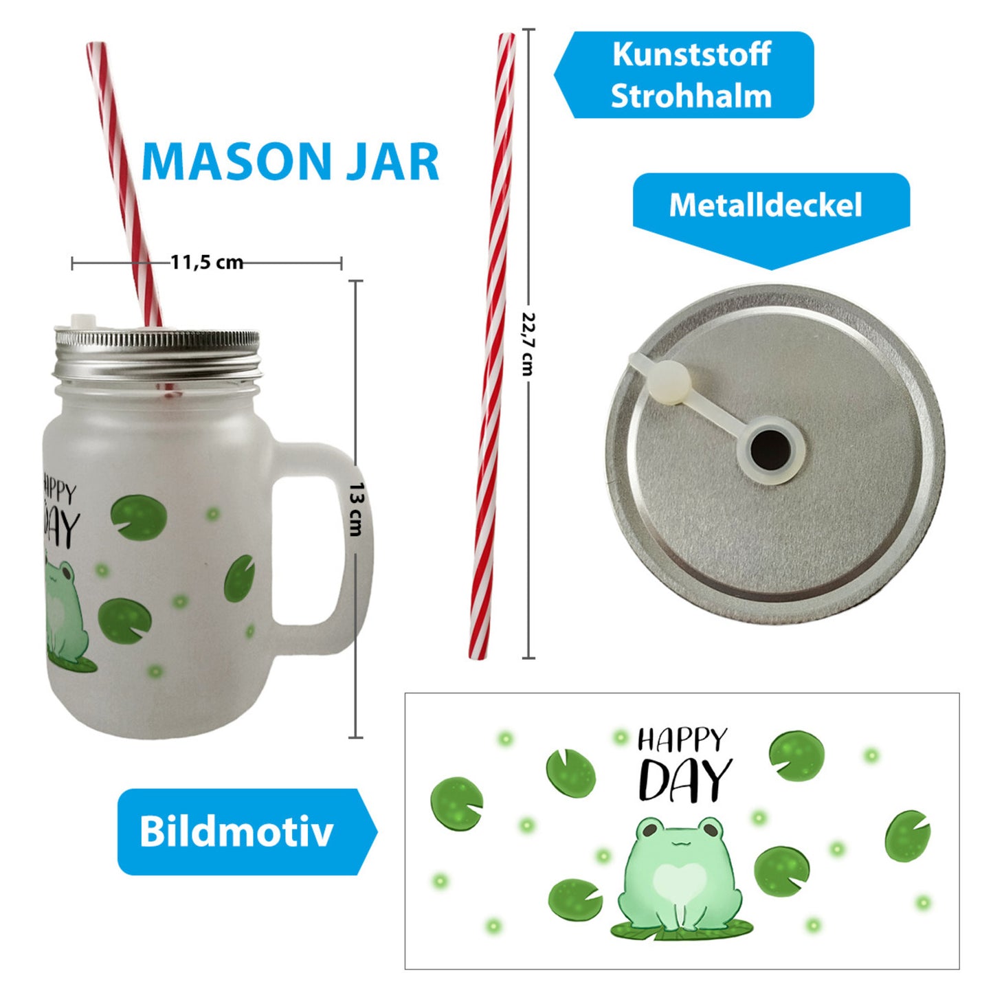 Frosch Mason Jar Henkel Trinkglas mit Deckel mit Spruch Happy Day