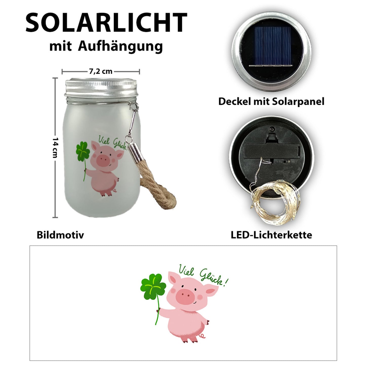 Glücksschwein Solarlicht mit Spruch Viel Glück