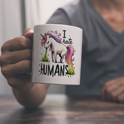 Kotzendes Einhorn Kaffeebecher mit Spruch I hate Humans