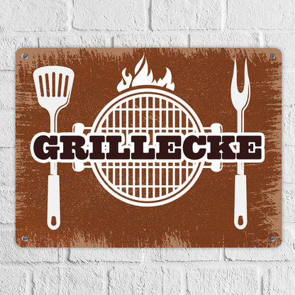 Grillecke Metallschild XL mit coolem Grillmotiv auf rostbraunem Hintergrund