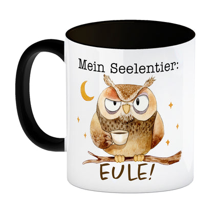 Eule Kaffeebecher in schwarz mit Spruch Mein Seelentier Eule