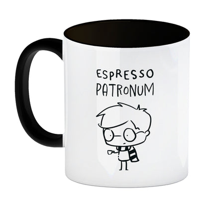 Zauberer mit Espresso Kaffeebecher in schwarz mit Spruch Espresso Patronum